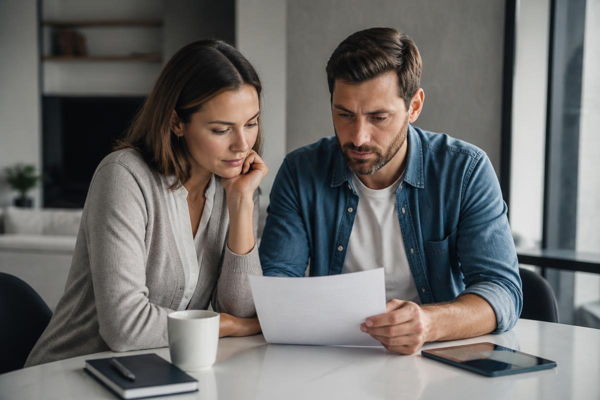 Casal analisando com atenção o contrato de compra de imóvel