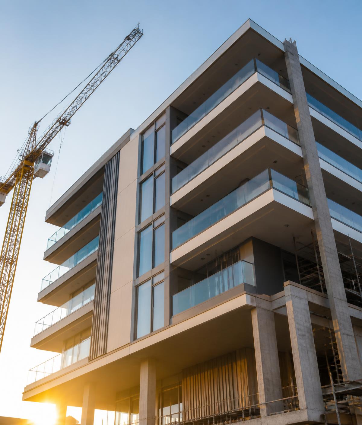 Edifício residencial moderno em construção, imóvel na planta